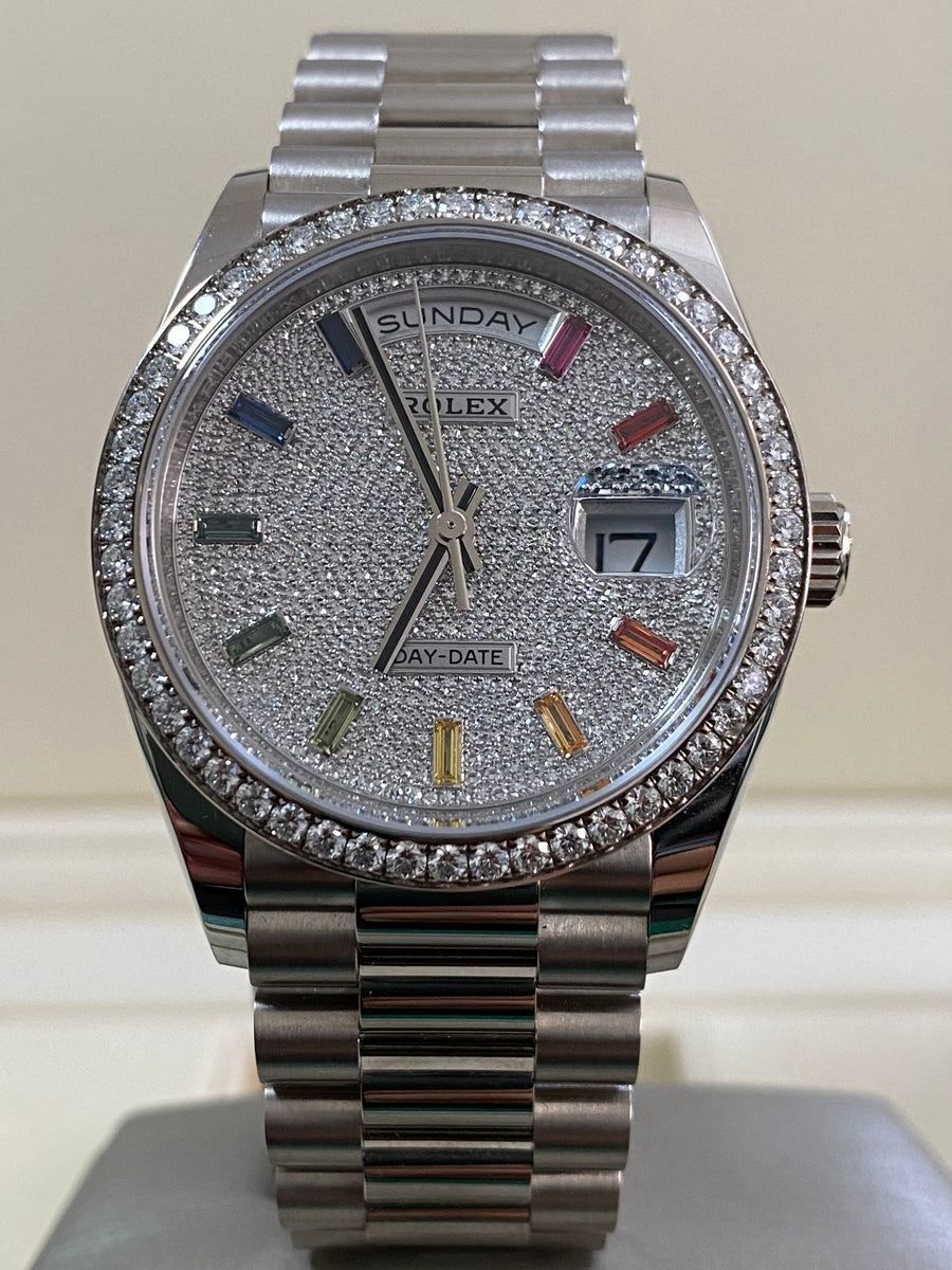 Rolex White Gold Day Date 36 2024 Diamond Bezel Diamond Paved Ra Time of Swiss INC