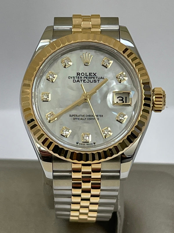 Rolex Steel and Yellow Gold Lady-Datejust - 2023 - Fluted Bezel - White Mother-Of-Pearl Diamond Dial - Jubilee Bracelet - 279173