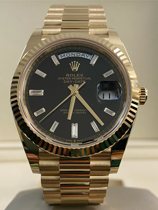 Rolex Yellow Gold Day-Date 40 - 2025 - Fluted Bezel - Black Baguette Dial - President Bracelet - 228238 *FULL SET*
