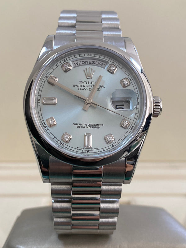 Rolex Platinum Day-Date 36 - 2021 - Domed Bezel - Ice Blue Diamond Dial - President Bracelet - 118206 *NEW STYLE CARD*