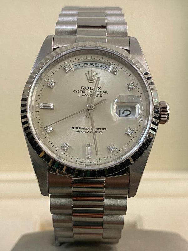 Rolex White Gold Day-Date 36 - 1991 - Silver Diamond Dial - President Bracelet - 18239 *FULL SET*