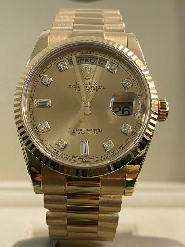 Rolex Yellow Gold Day-Date 36 - M serial - Fluted Bezel - Champagne Diamond Dial - President Bracelet - 118238 *FULL SET*