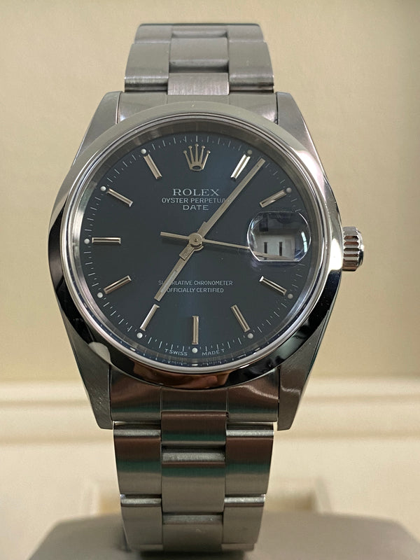 Rolex Steel Oyster Perpetual Date - 2001 - Domed Bezel - Blue Index Dial - 15200 *FULL SET*