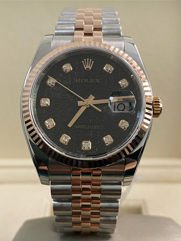 Rolex Steel & Everose Gold Datejust 36 - 2006 - Fluted Bezel - Black Diamond Anniversary Dial - Jubilee Bracelet - 116231 *FULL SET*