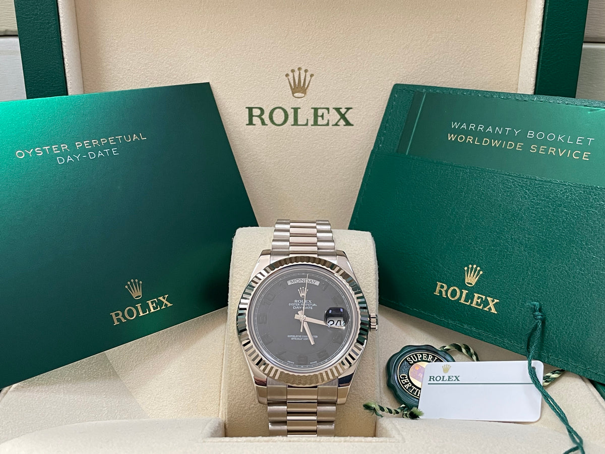 Rolex White Gold Day-Date II - 2017 - Fluted Bezel - Black Concentric Dial - President Bracelet - 218239