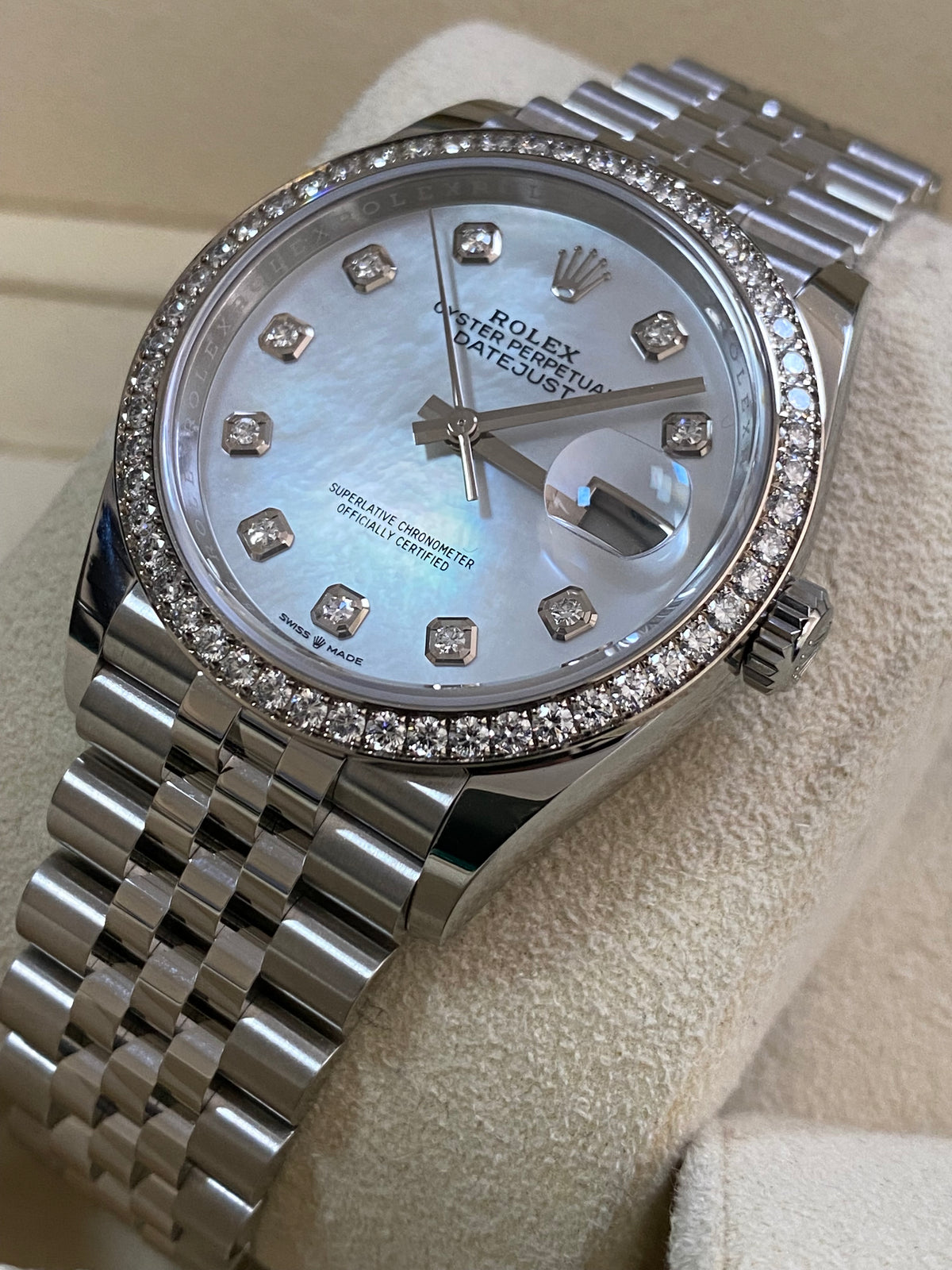 Rolex Steel Datejust 36 - 2024 - Diamond Bezel - Mother-of-Pearl Diamond Dial - Jubilee Bracelet - 126284RBR