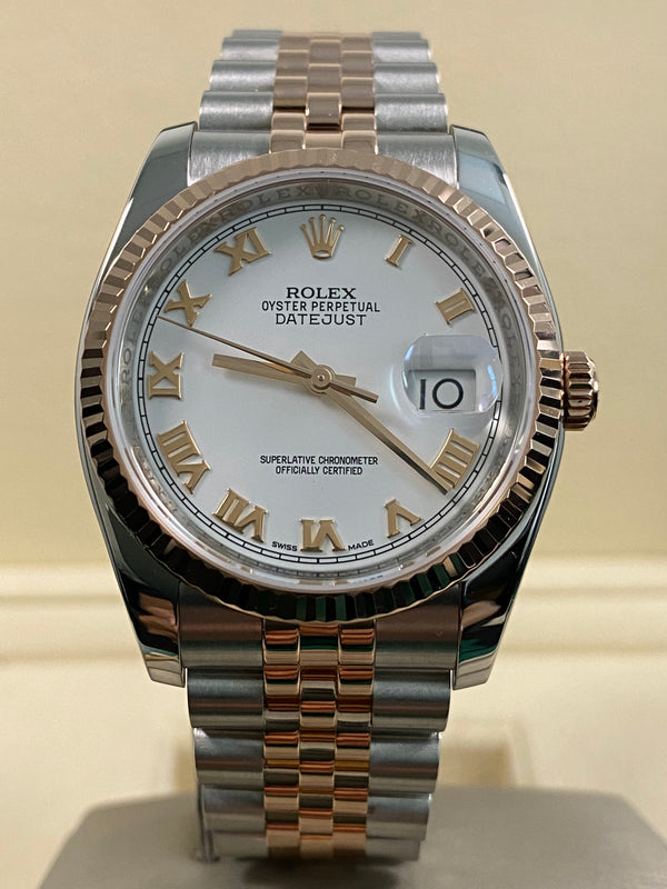 Rolex Steel & Everose Gold Datejust 36 - 2015 - Fluted Bezel - White Roman Dial - Jubilee Bracelet - 116231 *FULL SET*