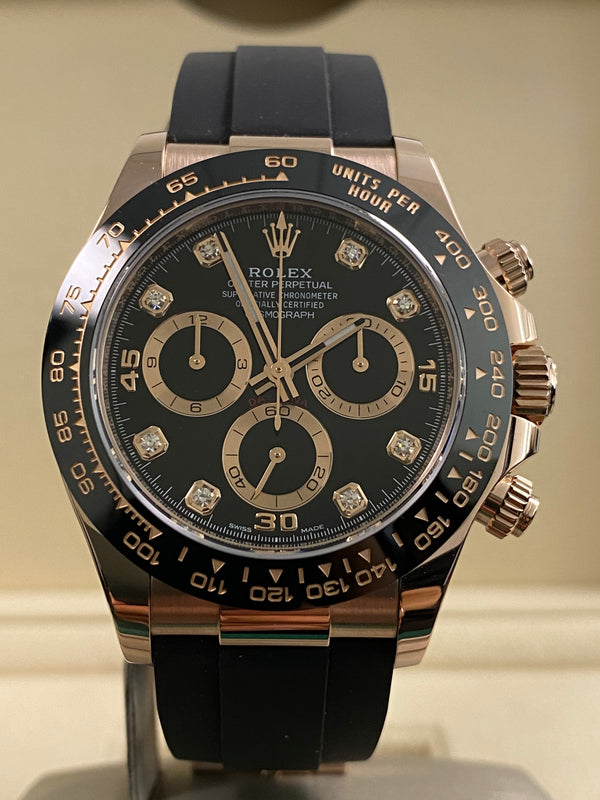 Rolex Everose Gold Cosmograph Daytona - 2022 - Black Diamond Dial - Oysterflex - 116515LN *FULL SET*