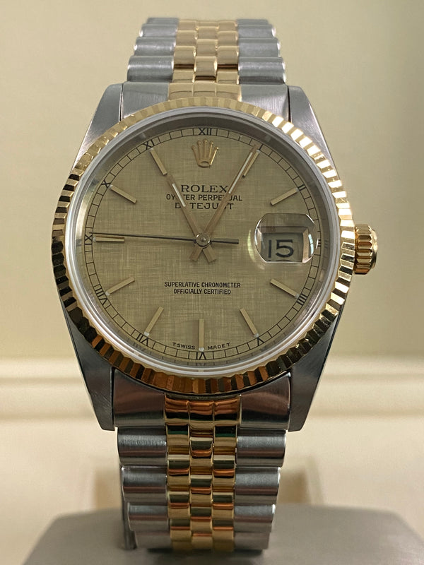 Rolex Steel & Yellow Gold Datejust 36 - 1991 - Fluted Bezel - Champagne Linen Dial - 16233 *FULL SET*