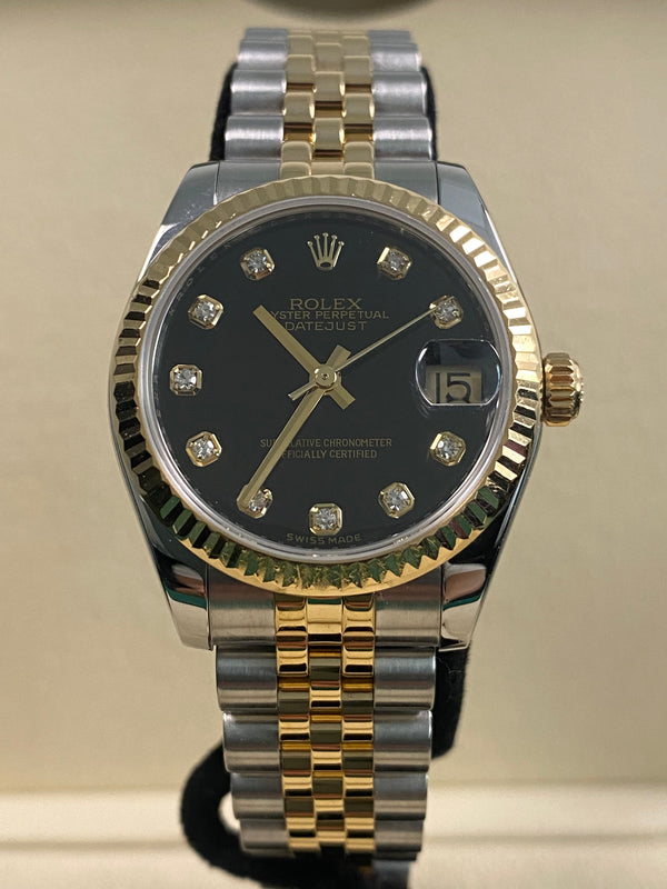 Rolex Yellow Gold Rolesor Datejust 31 - 2014 - Fluted Bezel - Black Diamond Dial - Jubilee Bracelet - 178273 *FULL SET*