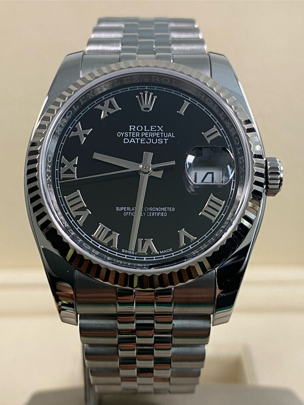 Rolex Steel Datejust 36 - 2017 - Fluted Bezel - Black Roman Dial - Jubilee Bracelet - 116234 *FULL SET*