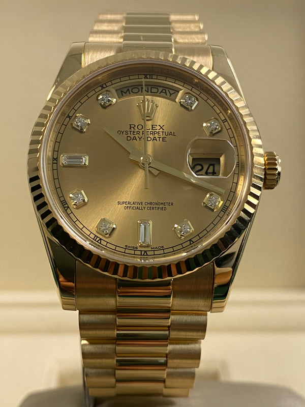 Rolex Yellow Gold Day-Date 36 - 2015 - Fluted Bezel - Champagne Diamond Dial - President Bracelet - 118238 *FULL SET*
