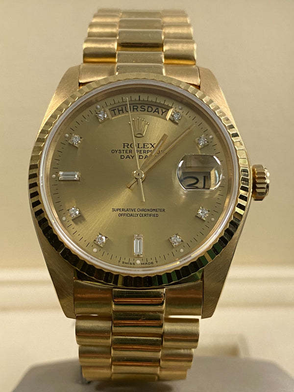 Rolex Yellow Gold Day-Date 36 - 1980 - Fluted Bezel - Champagne Diamond Dial - President Bracelet - 18038 *UNPOLISHED*