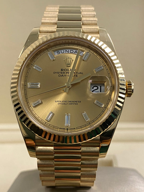 Rolex Yellow Gold Day-Date 40 - 2024 - Fluted Bezel - Champagne Diamond Dial - President Bracelet - 228238 *FULL SET*