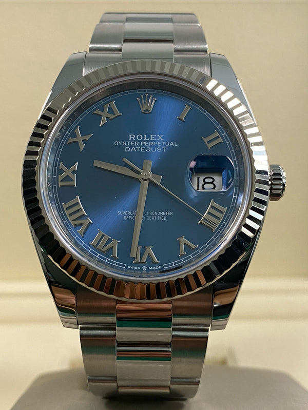 Rolex Steel Datejust 41 - 2019 - Fluted Bezel - Blue Roman Dial - Oyster Bracelet - 126334 *FULL SET*