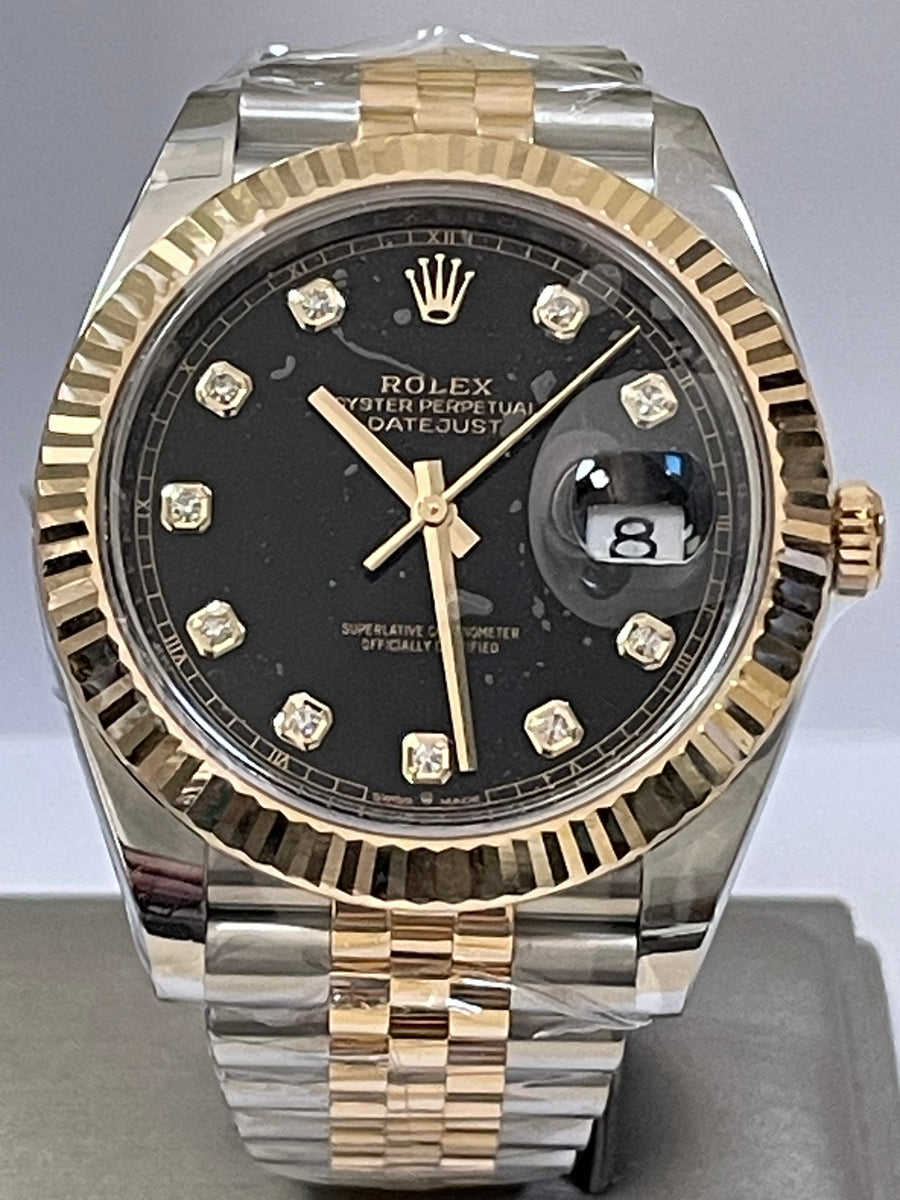 Rolex Steel and Yellow Gold Rolesor Datejust 41  - 2023 - Fluted Bezel - Black Diamond Dial - Jubilee Bracelet - 126333