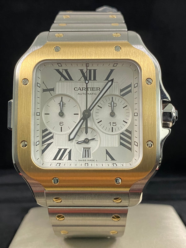 Cartier Santos de Cartier  Chronograph Steel & Yellow Gold - 2025 - Silver Roman Dial - W2SA0008 *FULL SET*
