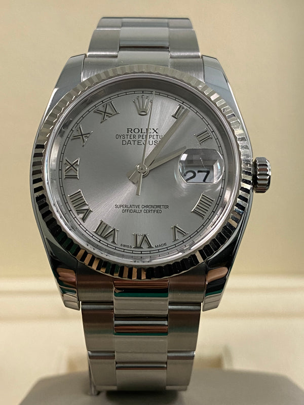 Rolex Steel Datejust 36 - Fluted Bezel - Rhodium Roman Dial - Oyster Bracelet - 116234