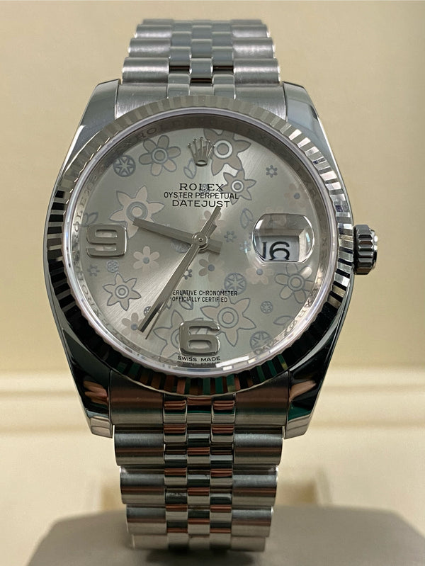 Rolex Steel Datejust 36 - 2019 - Fluted Bezel - Silver Floral Dial - Jubilee Bracelet - 116234 *FULL SET*