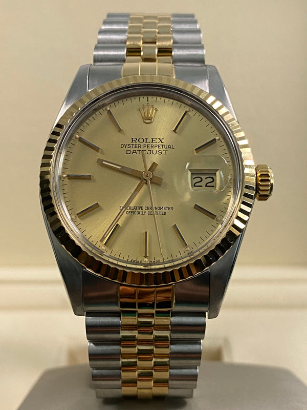 Rolex Steel & Yellow Gold Datejust 36 - 1988 - Fluted Bezel - Champagne Index Dial - Jubilee Bracelet - 16013 *FULL SET*
