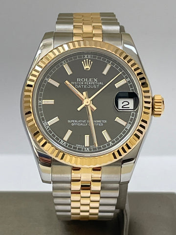 Rolex Steel and Yellow Gold Datejust 31 - 2016 - Fluted Bezel - Black Index Dial - Jubilee Bracelet - 178273