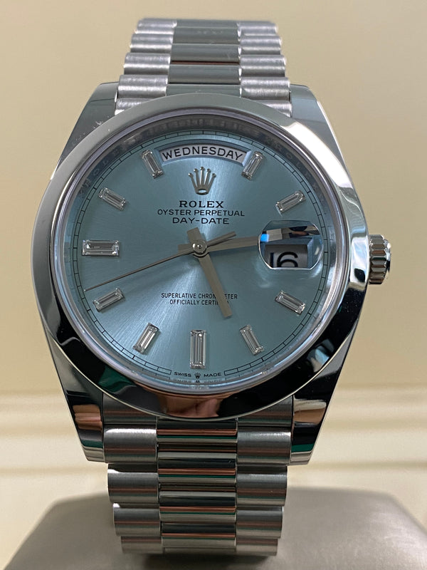 Rolex Platinum Day-Date 40 - 2021 - Smooth Bezel - Ice Blue Baguette Dial - President Bracelet - 228206 *FULL SET*