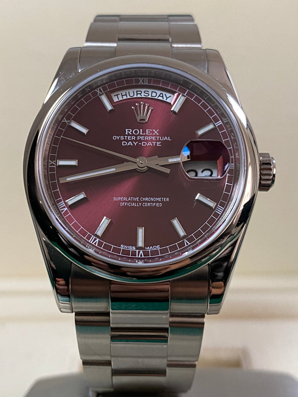 Rolex White Gold Day-Date 36 - 2016 - Domed Bezel - Rare Factory Cherry Dial - Oyster Bracelet - 118209 *COLLECTORS GRADE*