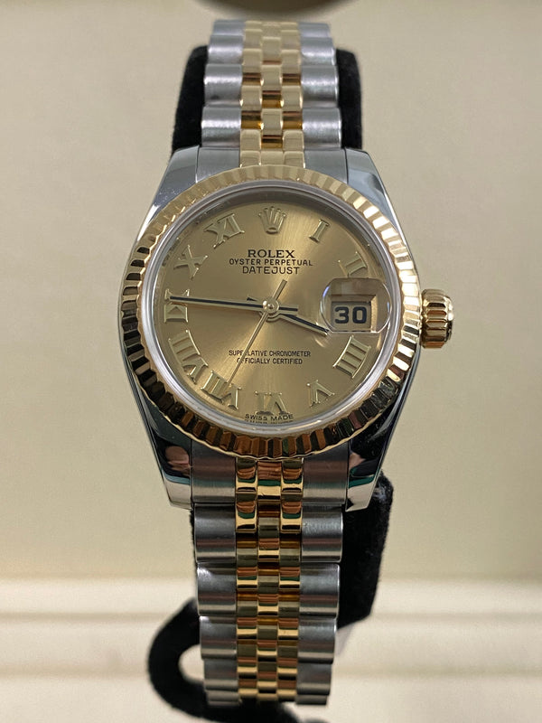 Rolex Steel & Yellow Gold Lady-Datejust - 2010 - Fluted Bezel - Champagne Roman Dial - Jubilee Bracelet - 179173 *FULL SET*