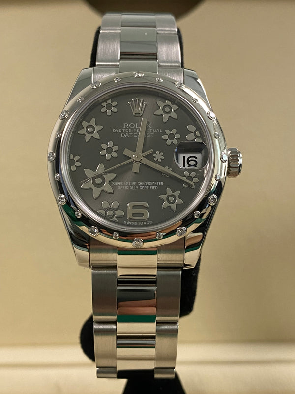 Rolex Steel & White Gold Datejust 31 - 2010 - Scattered Diamond Bezel - Flower Motif Dial - Oyster Bracelet - 178344 *FULL SET*