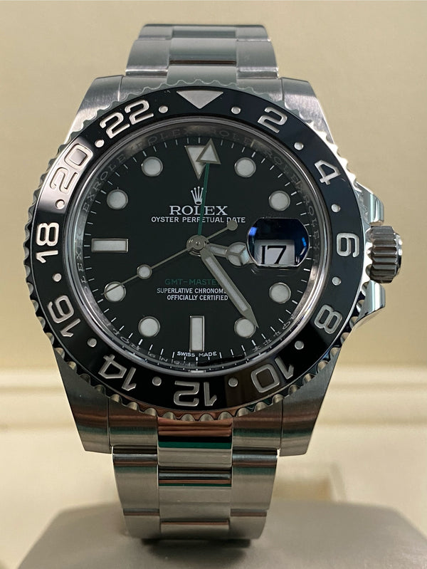 Rolex Steel GMT-Master II - 2015 - Black Bezel - Black Dial - Green Arrow Hand - 116710LN *FULL SET*