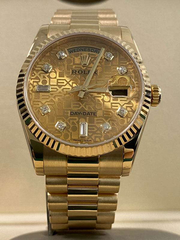 Rolex Yellow Gold Day-Date 36 - Fluted Bezel - Mother-of-Pearl Diamond Dial - President Bracelet - 118238 *FULL SET*