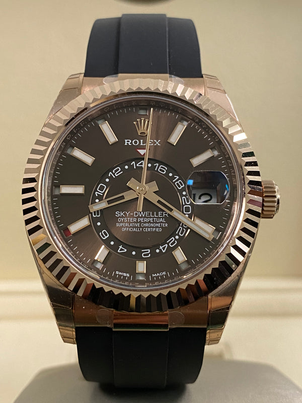 Rolex Everose Gold Sky-Dweller - 2021 - Chocolate Index Dial - Oysterflex Bracelet - 326235 *FULL STICKERS*