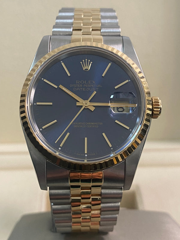 Rolex Steel and Yellow Gold Datejust 36 - N serial - Fluted Bezel - Blue Index Dial - Jubilee Bracelet - 16233