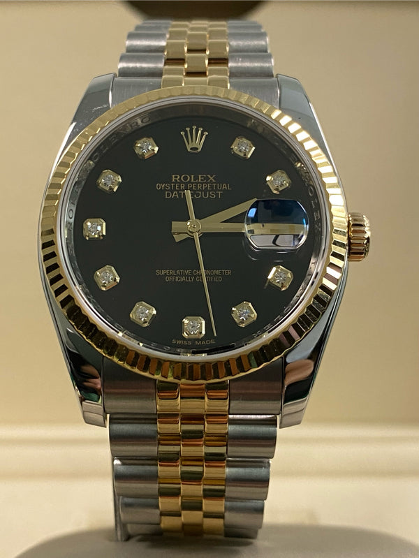 Rolex Steel & Yellow Gold Datejust 36 - 2016 - Fluted Bezel - Black Diamond Dial - Jubilee Bracelet - 116233 *FULL SET* (Copy)