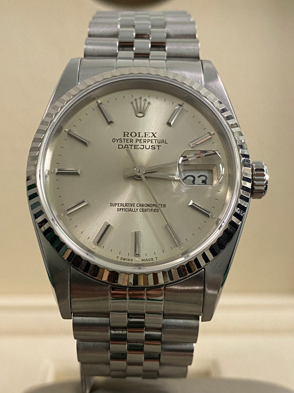 Rolex Steel Datejust 36 - 1991 - Fluted Bezel - Silver Index Dial - Jubilee Bracelet - 16234 *FULL SET*