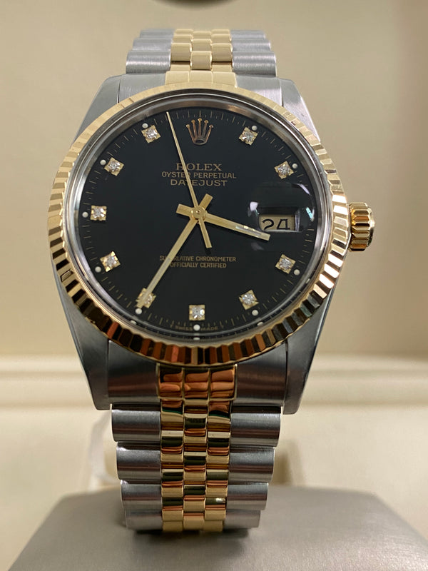 Rolex Steel & Yellow Gold Datejust 36 - 1986 - Fluted Bezel - Black Diamond Dial - Jubilee Bracelet - 16013