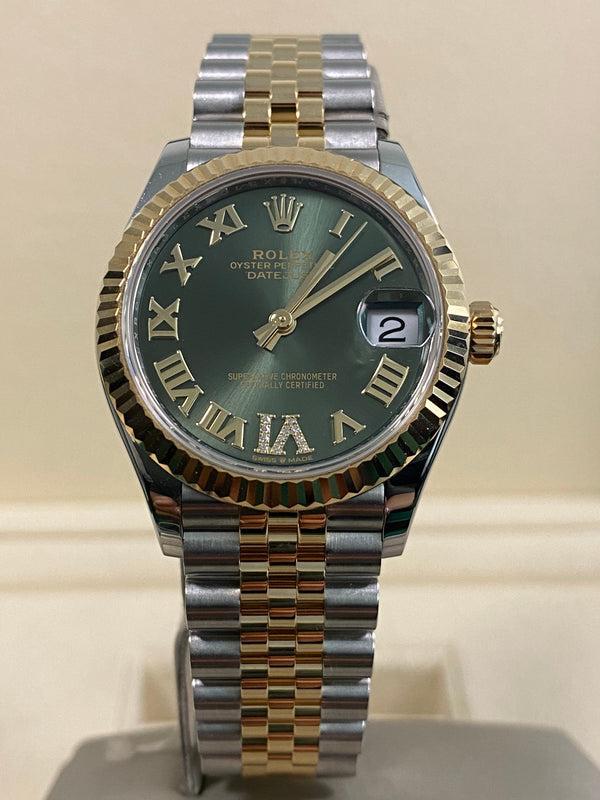 Rolex Steel & Yellow Gold Datejust 31 - 2025 - Olive Green Diamond-set Dial - Jubilee Bracelet - 278273 *FULL SET*