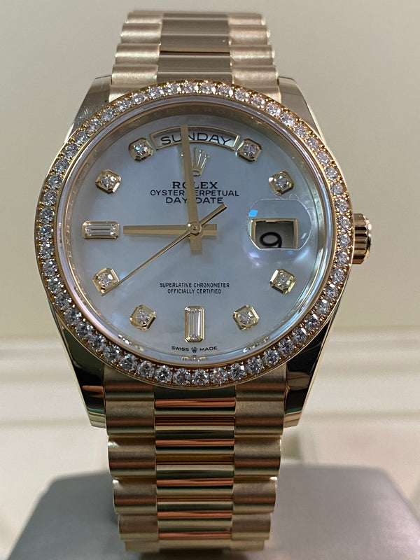 Rolex White Gold Day-Date 36 - 2022 - Diamond Bezel - Mother-of-Pearl Diamond Dial - President Bracelet - 128348RBR *FULL SET*