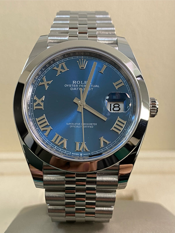 Rolex Steel Datejust 41 - 2025 - Smooth Bezel -Azzurro Blue Roman Dial - Jubilee Bracelet - 126300 *FULL SET*
