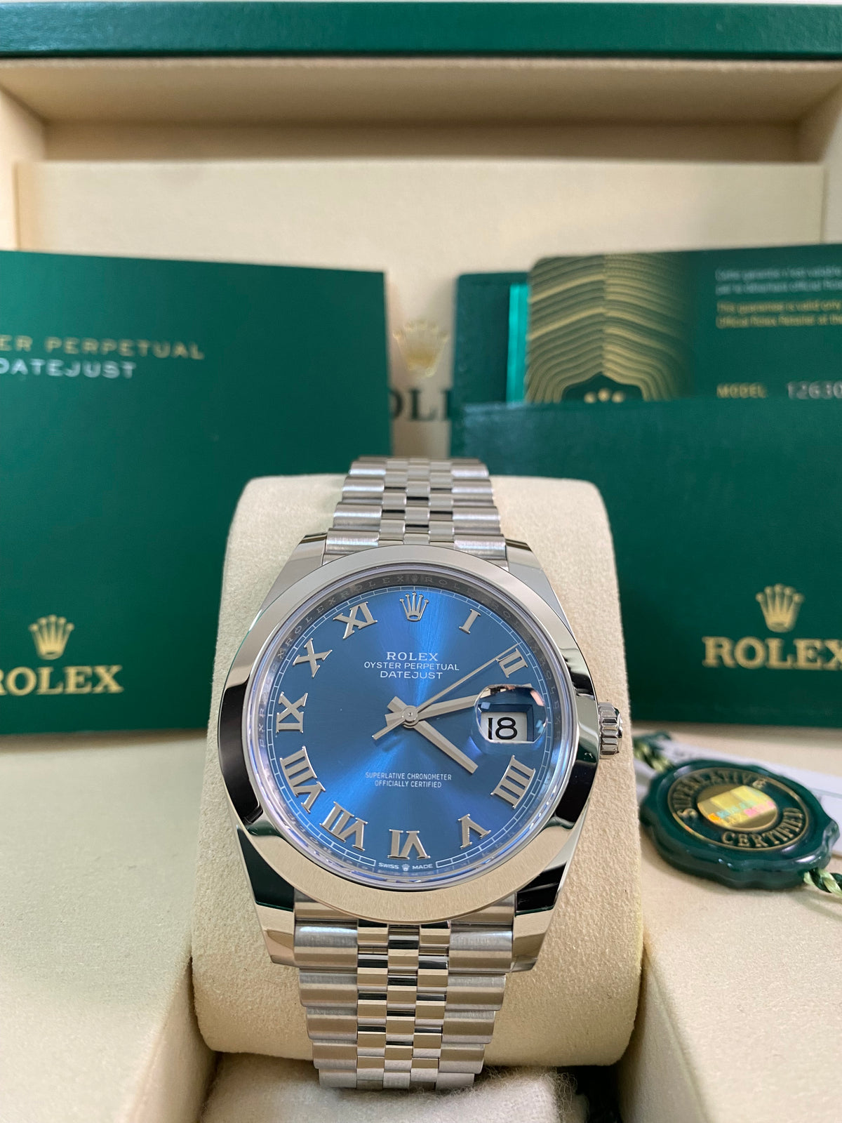 Rolex Steel Datejust 41 - 2025 - Smooth Bezel -Azzurro Blue Roman Dial - Jubilee Bracelet - 126300 *FULL SET*