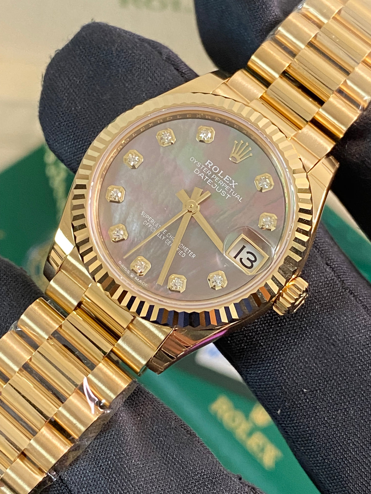 Rolex Yellow Gold Datejust 31 - 2025 - Fluted Bezel - Black Mother-of-Pearl Diamond Dial - President Bracelet - 278278 *FULL SET*