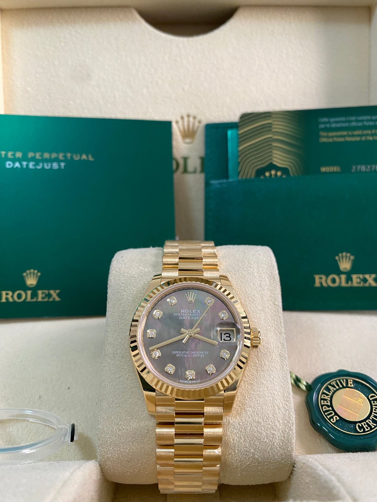 Rolex Yellow Gold Datejust 31 - 2025 - Fluted Bezel - Black Mother-of-Pearl Diamond Dial - President Bracelet - 278278 *FULL SET*