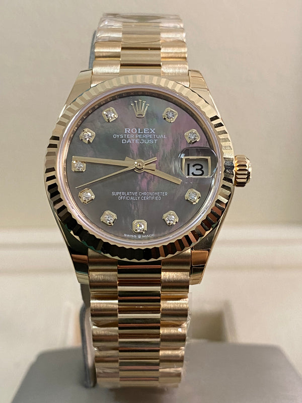 Rolex Yellow Gold Datejust 31 - 2025 - Fluted Bezel - Black Mother-of-Pearl Diamond Dial - President Bracelet - 278278 *FULL SET*