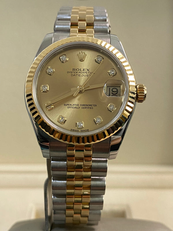 Rolex Yellow Gold Rolesor Datejust 31 - 2016 - Fluted Bezel - Champagne Diamond Dial - Jubilee Bracelet - 178273 *FULL SET*
