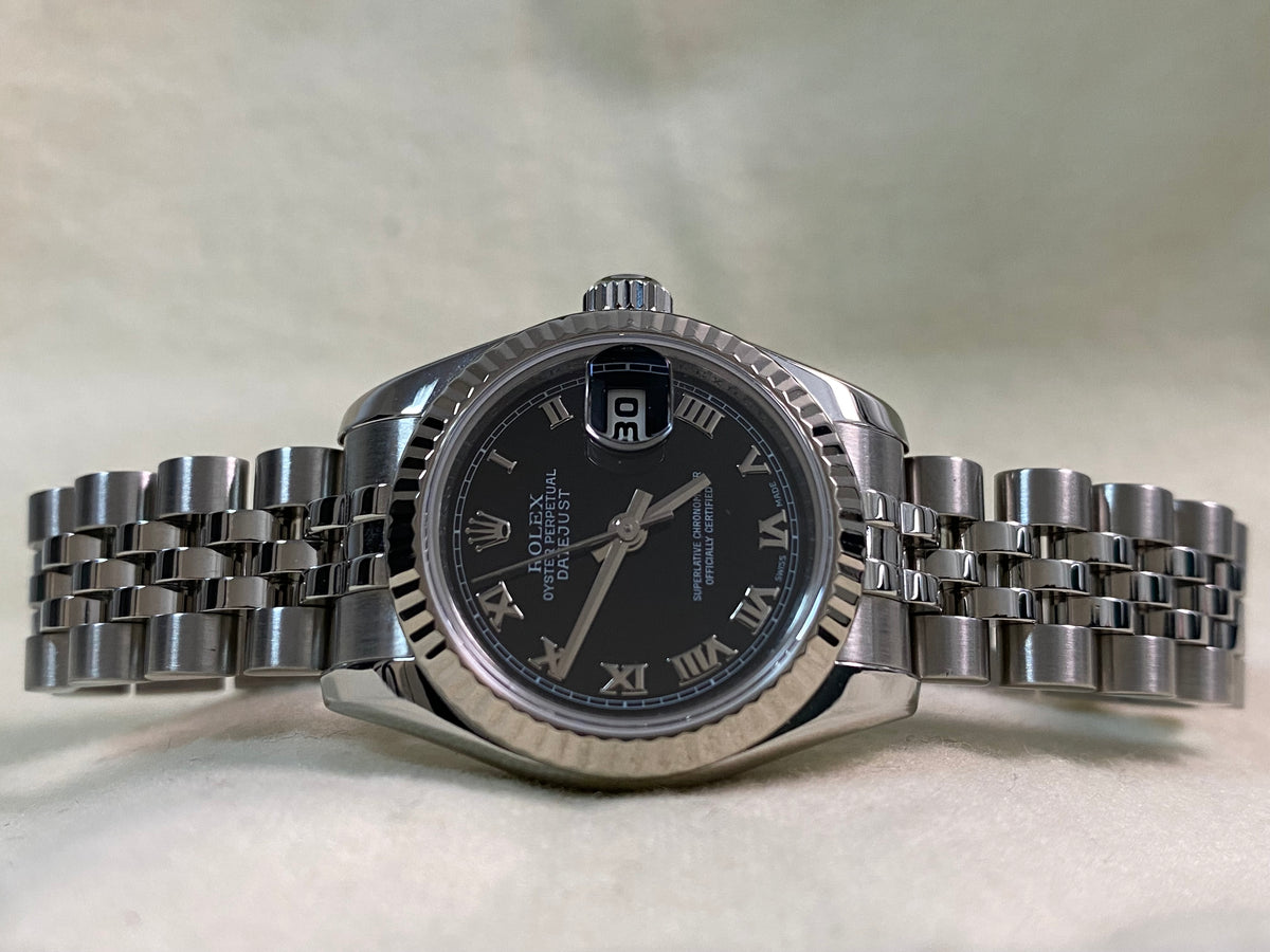 Rolex White Gold Rolesor Lady-Datejust - 2007 - Fluted Bezel - Black Roman Dial - Jubilee Bracelet - 179174 *FULL SET*