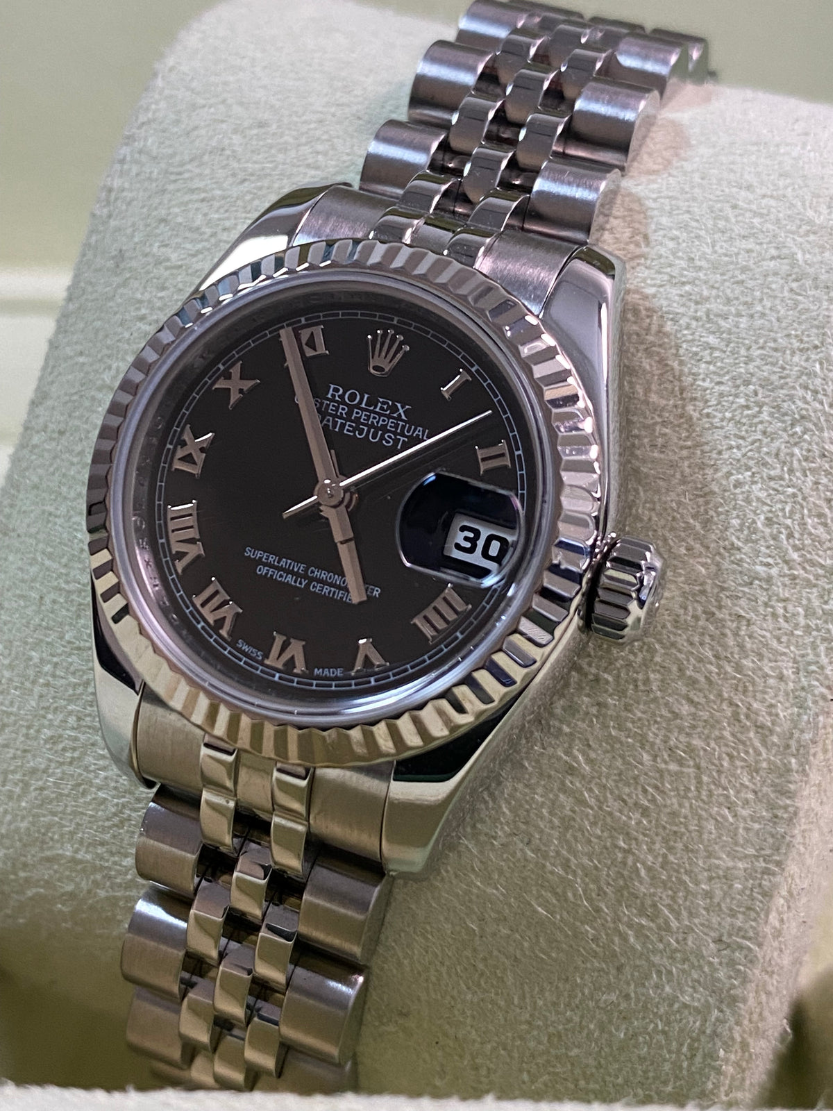 Rolex White Gold Rolesor Lady-Datejust - 2007 - Fluted Bezel - Black Roman Dial - Jubilee Bracelet - 179174 *FULL SET*