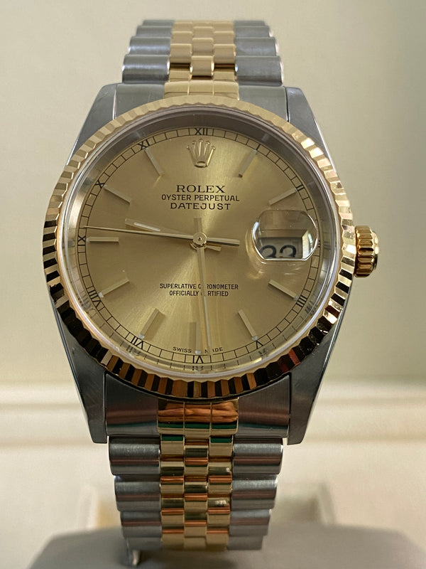 Rolex Steel & Yellow Gold Datejust 36 - 2000 - Champagne Index Dial - 16233 *FULL SET*