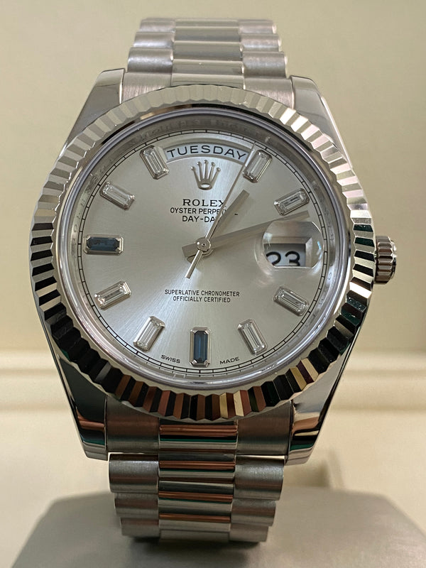 Rolex White Gold Day-Date II - 2018 - Factory Baguette Diamond Sapphire Dial - President Bracelet - 218239 *FULL SET*