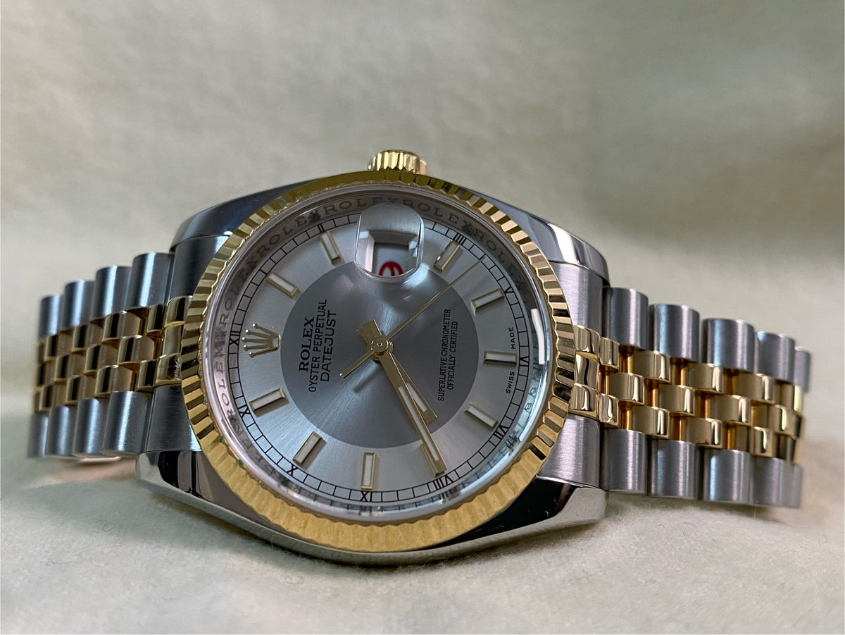 Rolex Steel and Yellow Gold Datejust 36 - 2009 - Fluted Bezel - Silver Roulette Dial & Date Wheel - Jubilee Bracelet - 116233 *FULL SET*