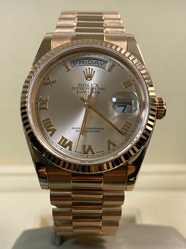 Rolex Everose Gold Day-Date 36 - 2000 - Fluted Bezel - Pink Roman Dial - President Bracelet - 118235 *FULL SET*